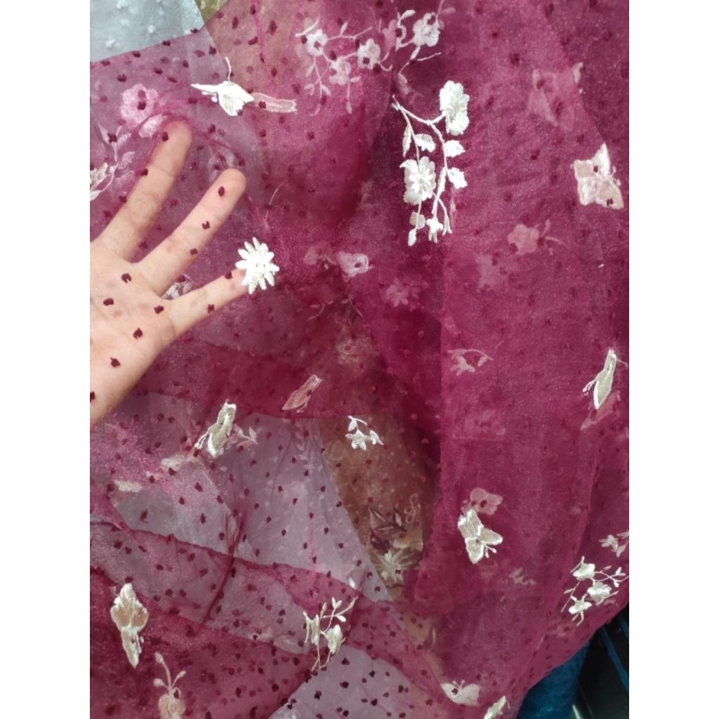 kain organza bordir meteran - harga/0,5m  - kain organza bordir bunga timbul - kain organza bordir p