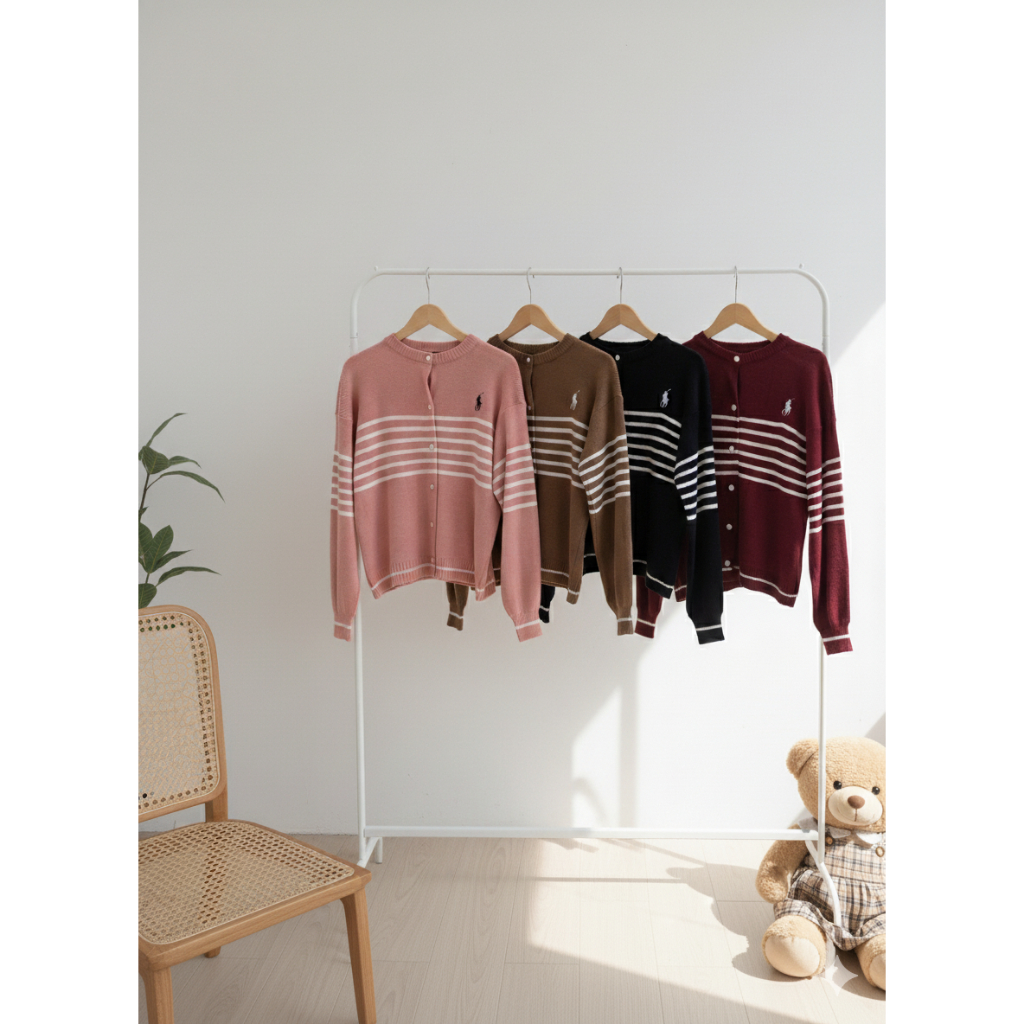 Cardigan rajut bordir polo horse simple bahan rajut lembut motif salur | By.miumiu