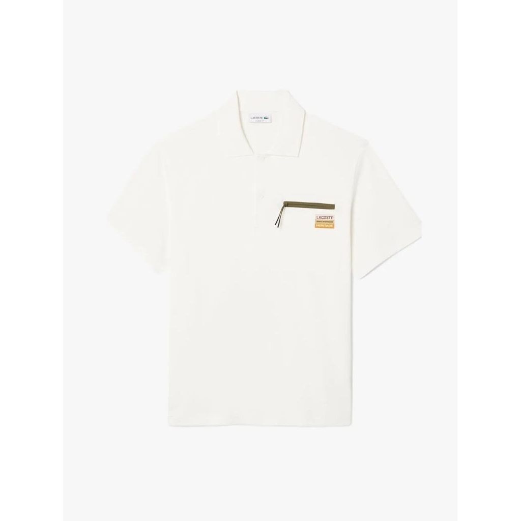 LACOSTE Men's Classic Fit Zipped Pocket Interlock Polo Shirt Kaos Polo Pria - White