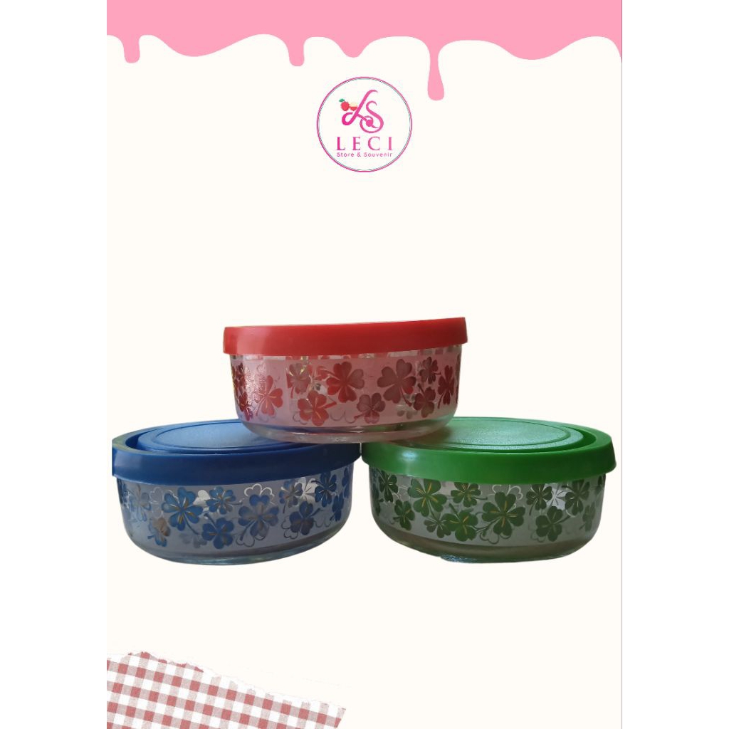 Mangkok Kaca Bulat Tutup Plastik Motif Bunga