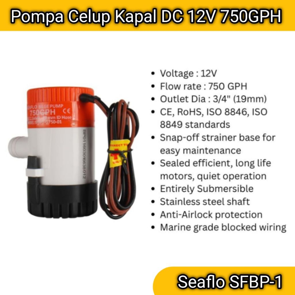 Pompa Celup Kapal Bilge Pump DC 12V 750GPH Seaflo SFBP1 Submersible Pump Marine