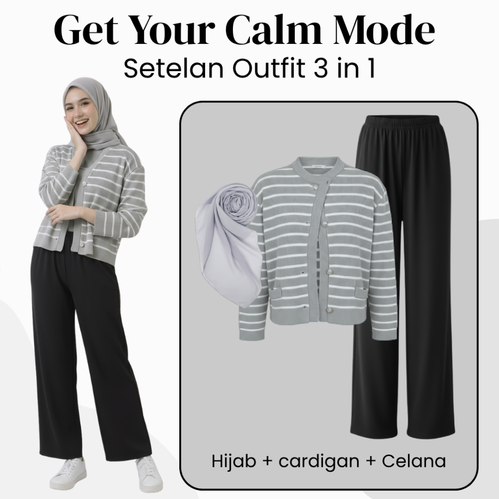 Setelan Remaja Perempuan ( Cardigan Korean Style, Celana Japan Knit, Hijab ) one set ootd hijab