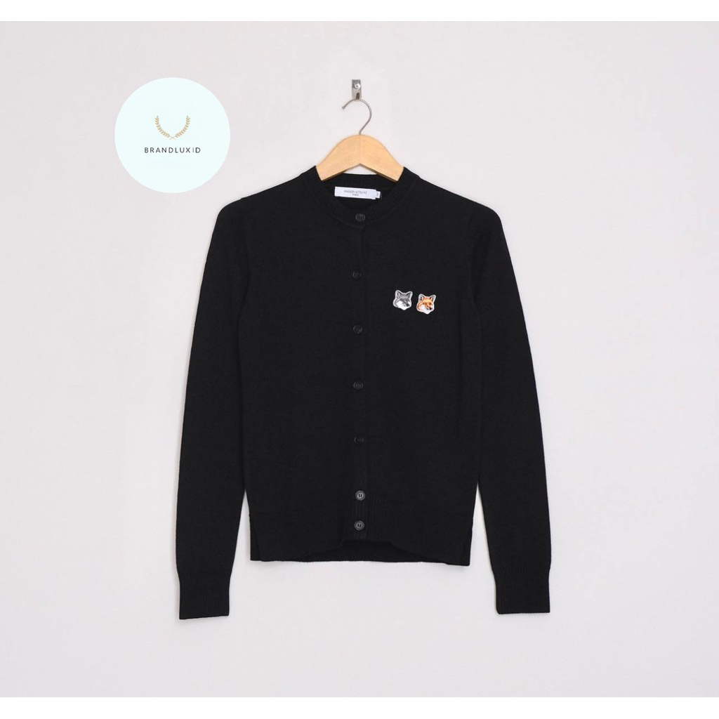 Maison Kitsune Womens Cardigan Bold Fox Patch in Beige Melange & Black