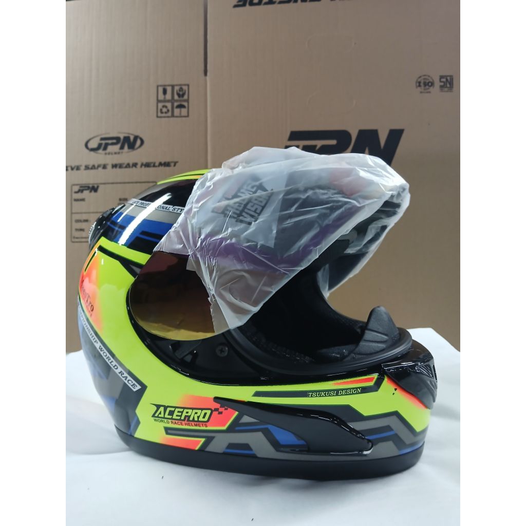 Helm JPN Fullface tanduk Acepro kaca rainbow size M-XL