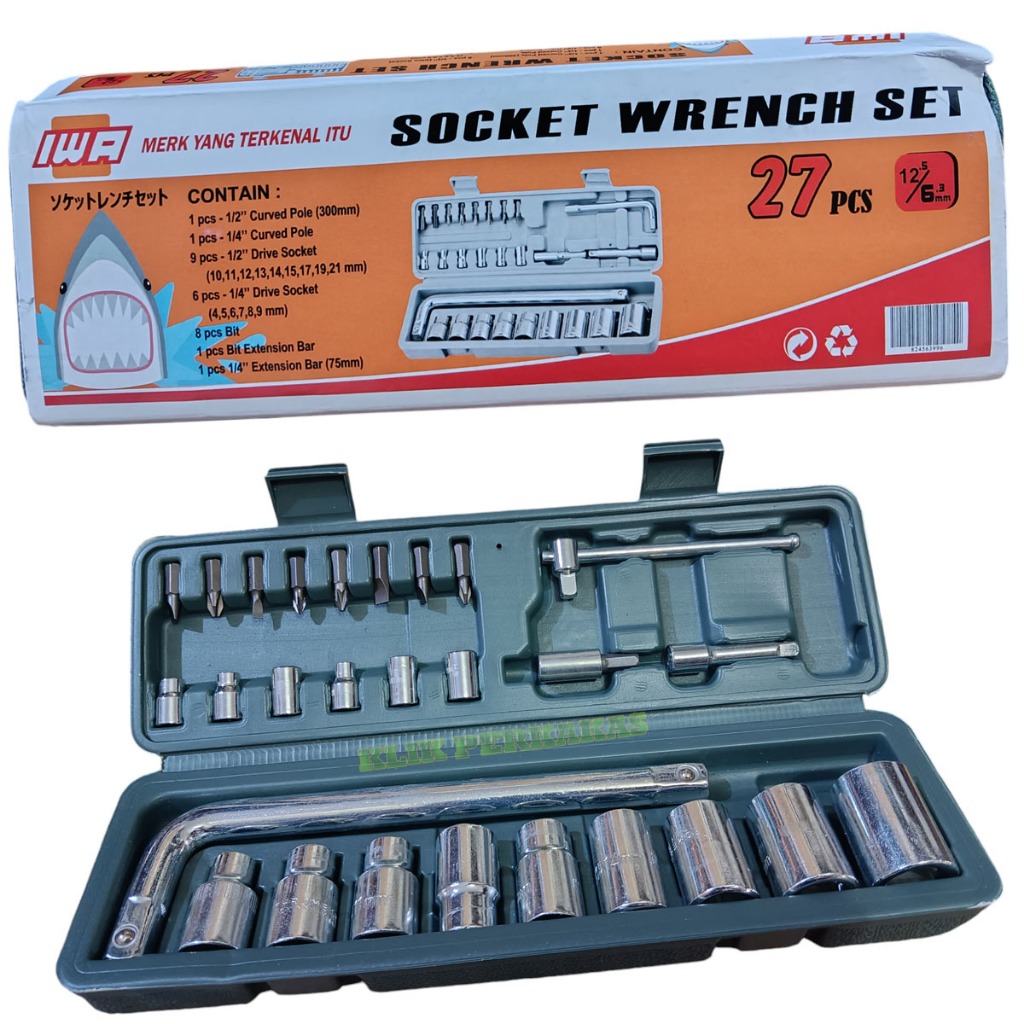IWA - Kunci Konci Shock Sok Soket Shok Sock Socket Wrench Engkol Motor Set 27P Paket Bengkel Lengkap