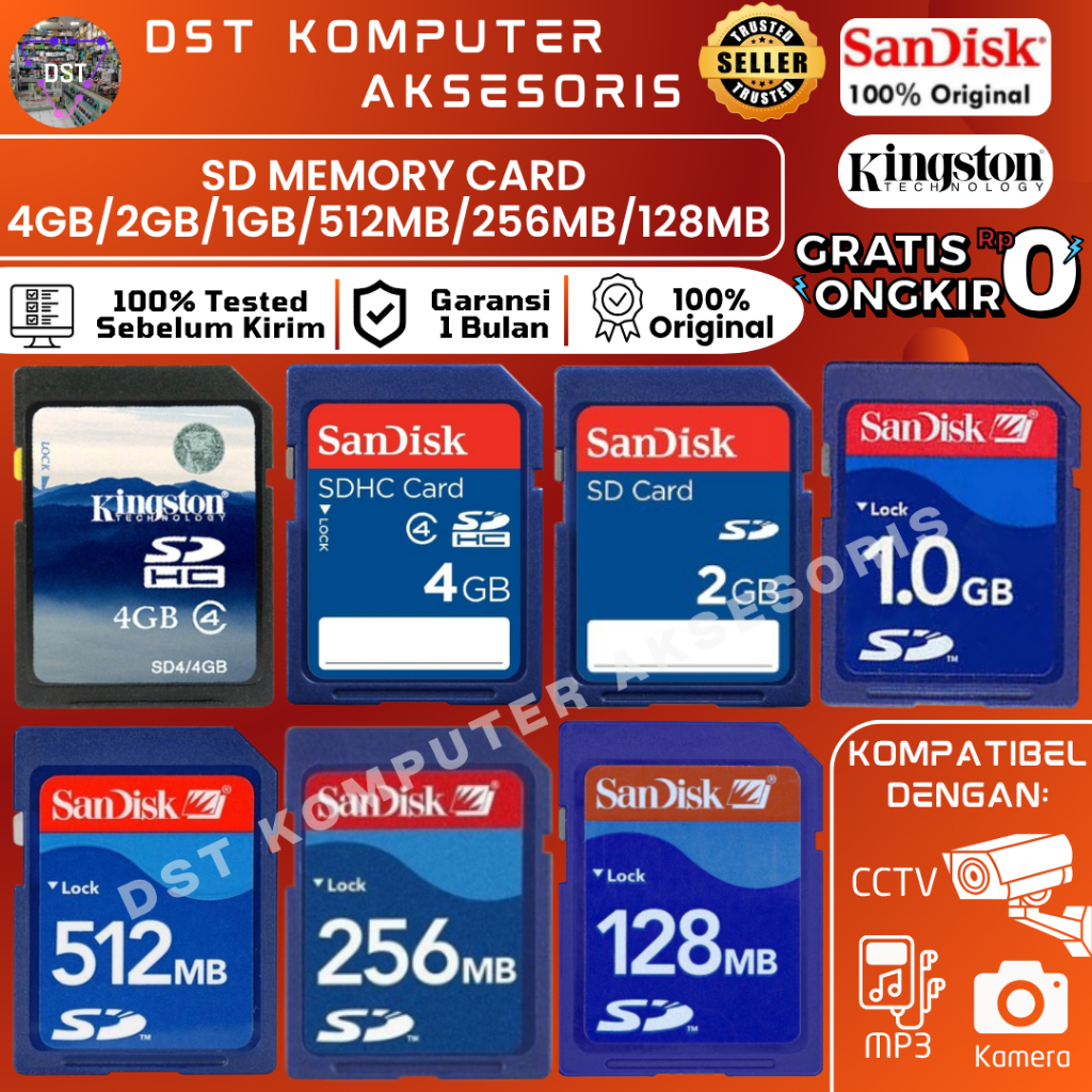 Kartu Memori SD Card SanDisk 128MB 256MB 512MB 1GB 2GB 4GB & Kingston 4GB Kamera Jadul HP Musik NON 