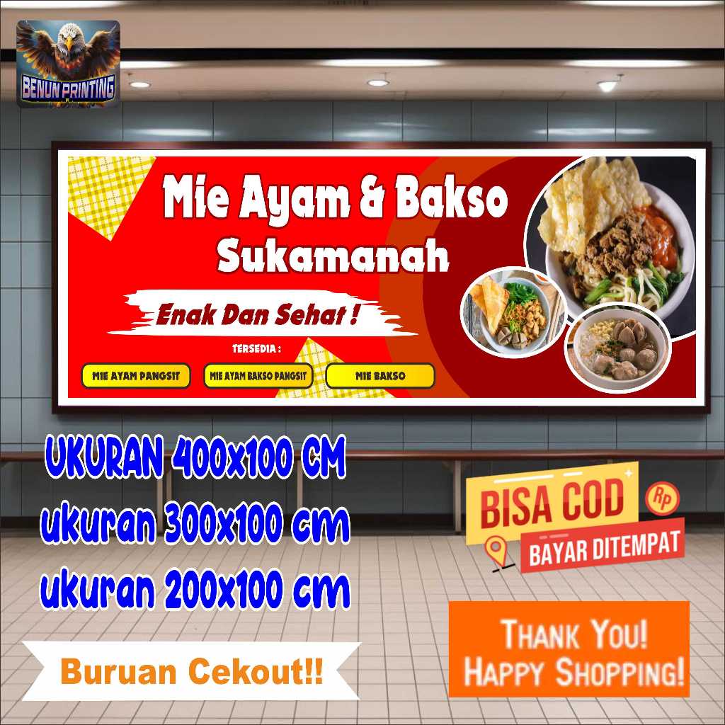 Cetak Spanduk Banner Mie Ayam & Bakso Emut Bae Custom Desain