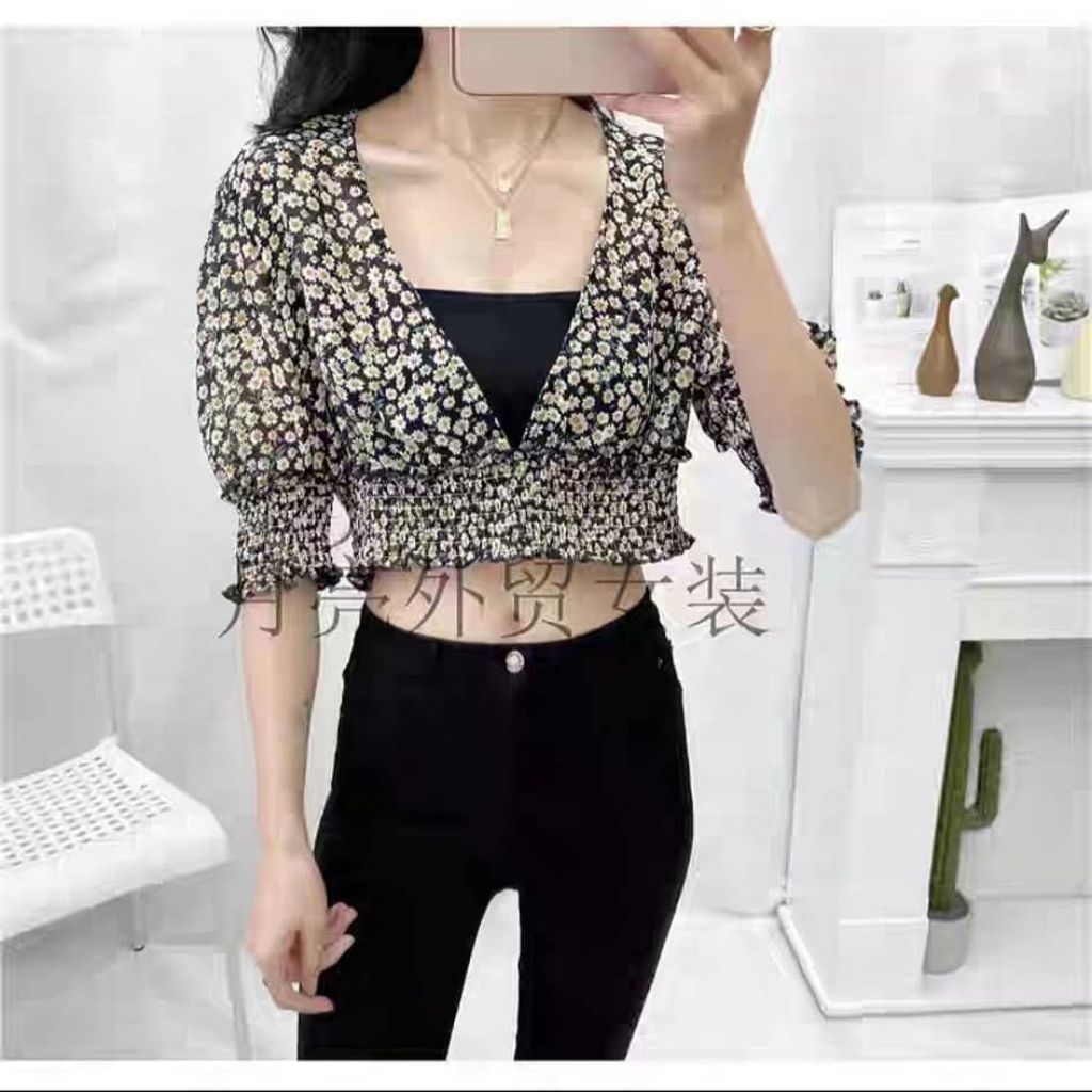 Flower Daisy Crop Top Sifon Atasan Mini Crop Bunga