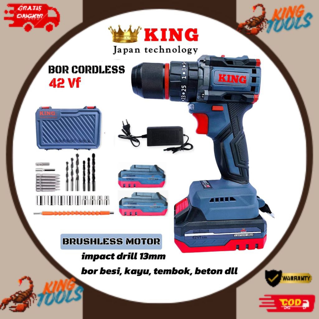 King BOR BATERAI CORDLESS 42V 13mm double baterai BRUSHLESS lmpact drill bor 2 baterai