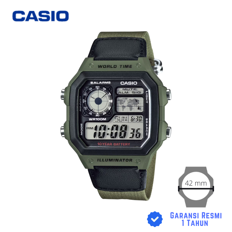 JAM TANGAN PRIA CASIO AE-1200WHB-3B HIJAU - AE 1200WHB 3BVDF Strap Canvas