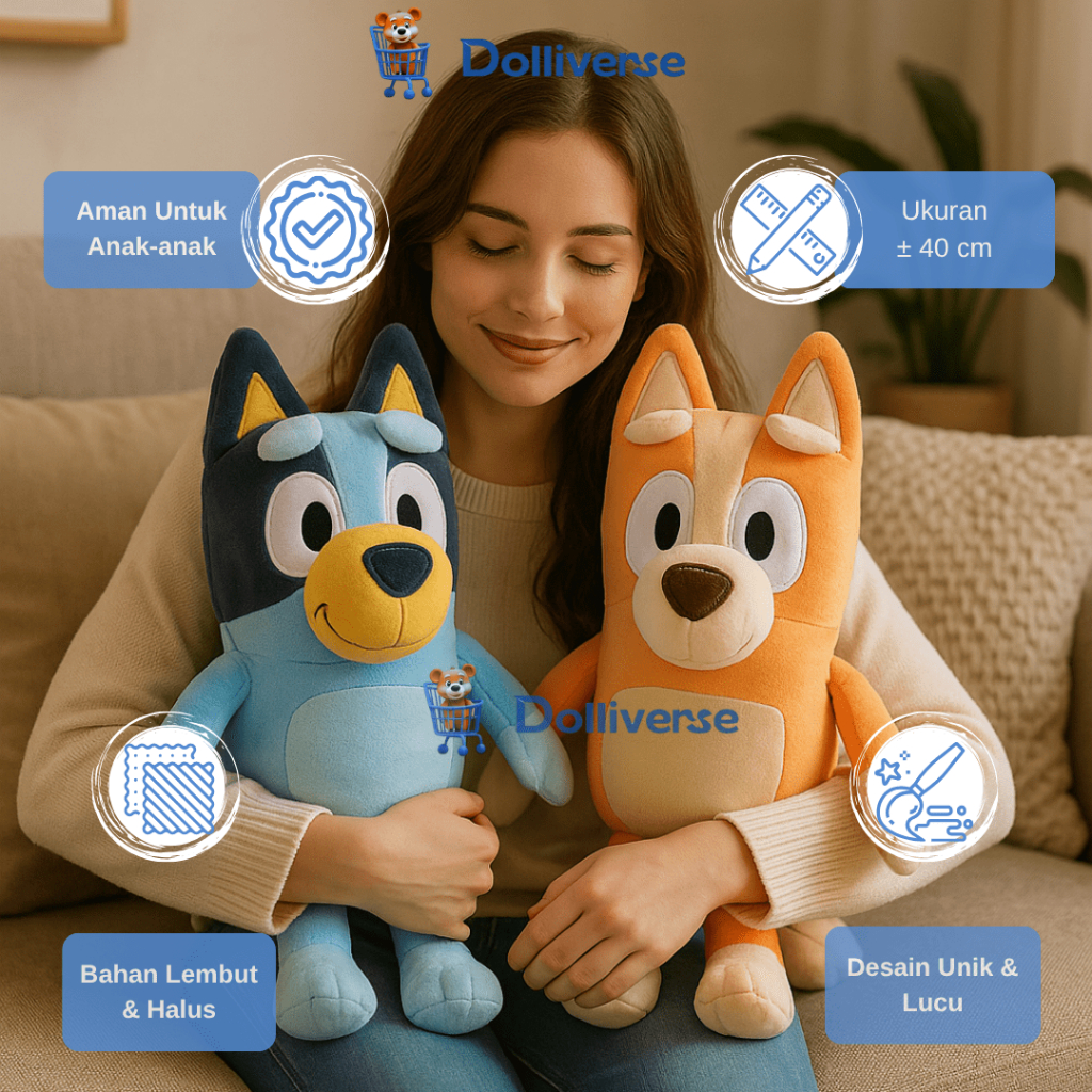 Dolliverse Boneka Bluey Bingo 40cm Bahan Halus SNI Family Cartoon Dog Stuffed Animals Hadiah Anak