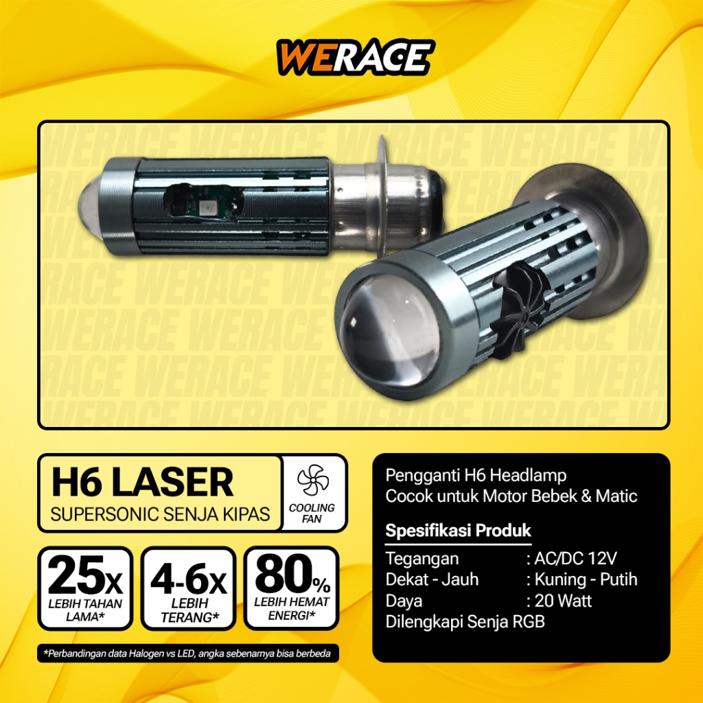 WERACE Lampu Depan H6 Laser Supersonic Fan Kipas Senja Biru P15D 3570 Hi Low Putih Kuning 16W 12V