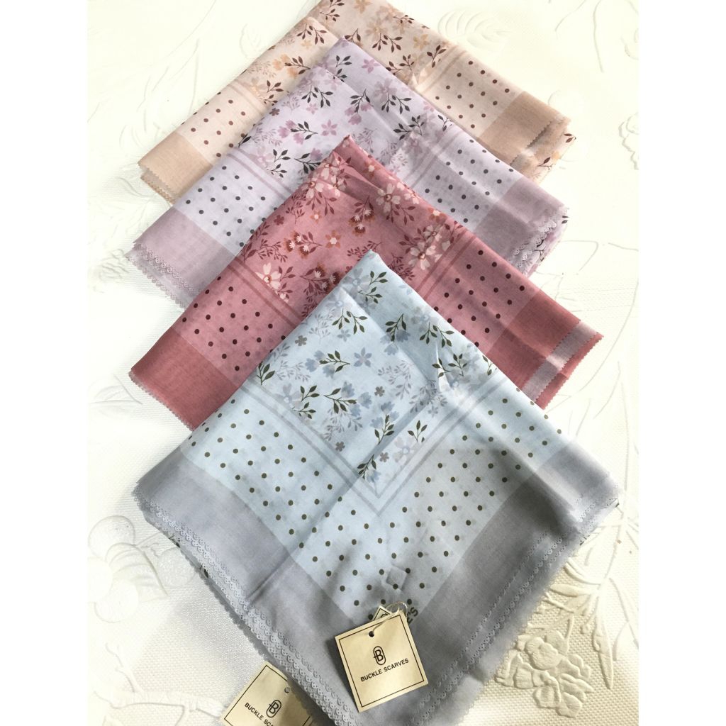 Jilbab Motif Bunga Polkadot Premium – Voal Square Buckle Scarves Halus & Nyaman Dipaki(PY)