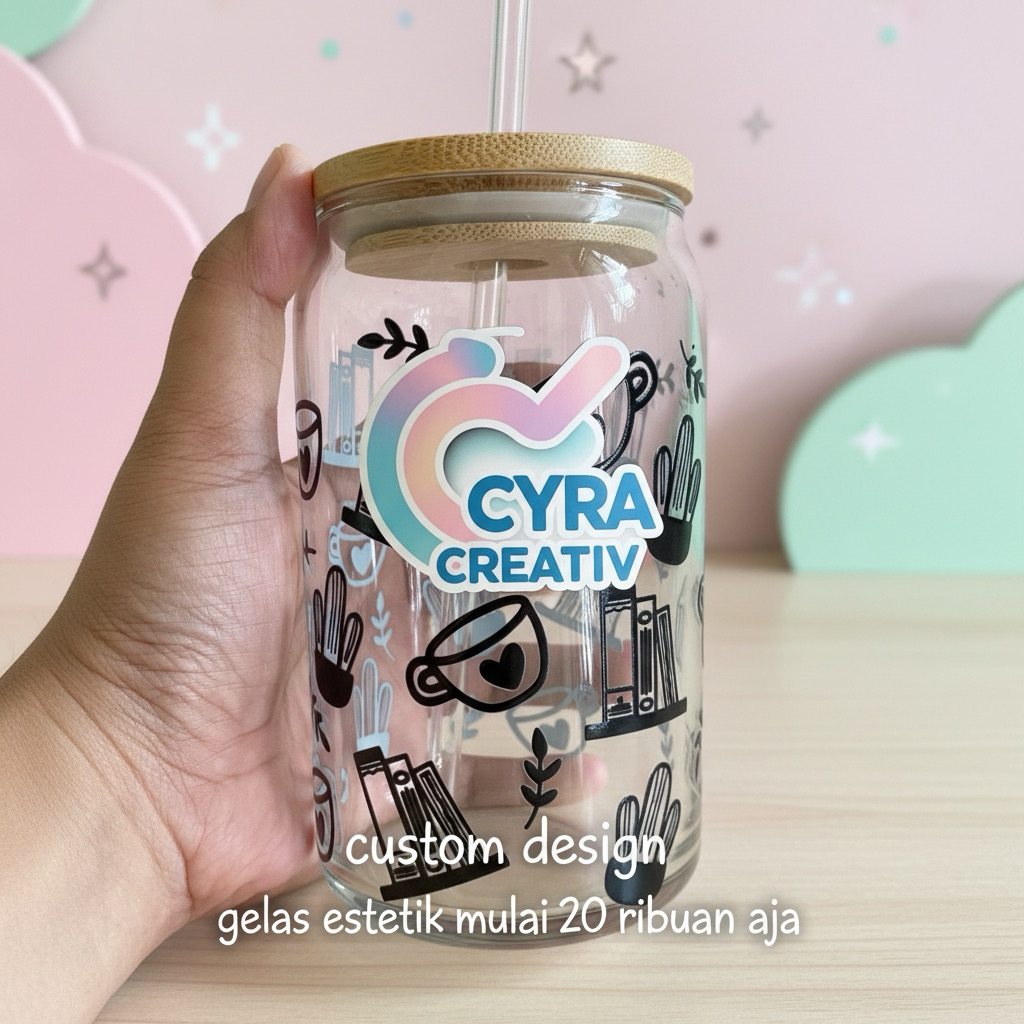 16oz Gelas kaca/ Gelas kaca estetik / Gelas aesthetic / Custom stiker / Hampers / gelas tumbler