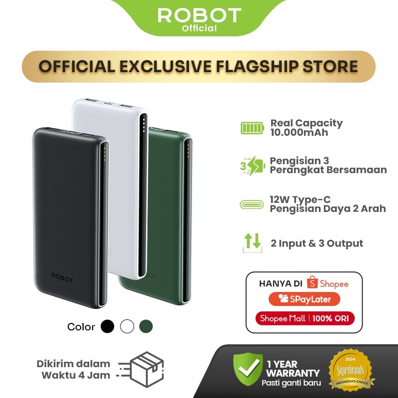 ROBOT Powerbank 10000mAh 3C / CCC 3 Output Dual Input Type-C Power bank RT180S Fast Charging 12W Android/iPhone - Garansi 1 Tahun
