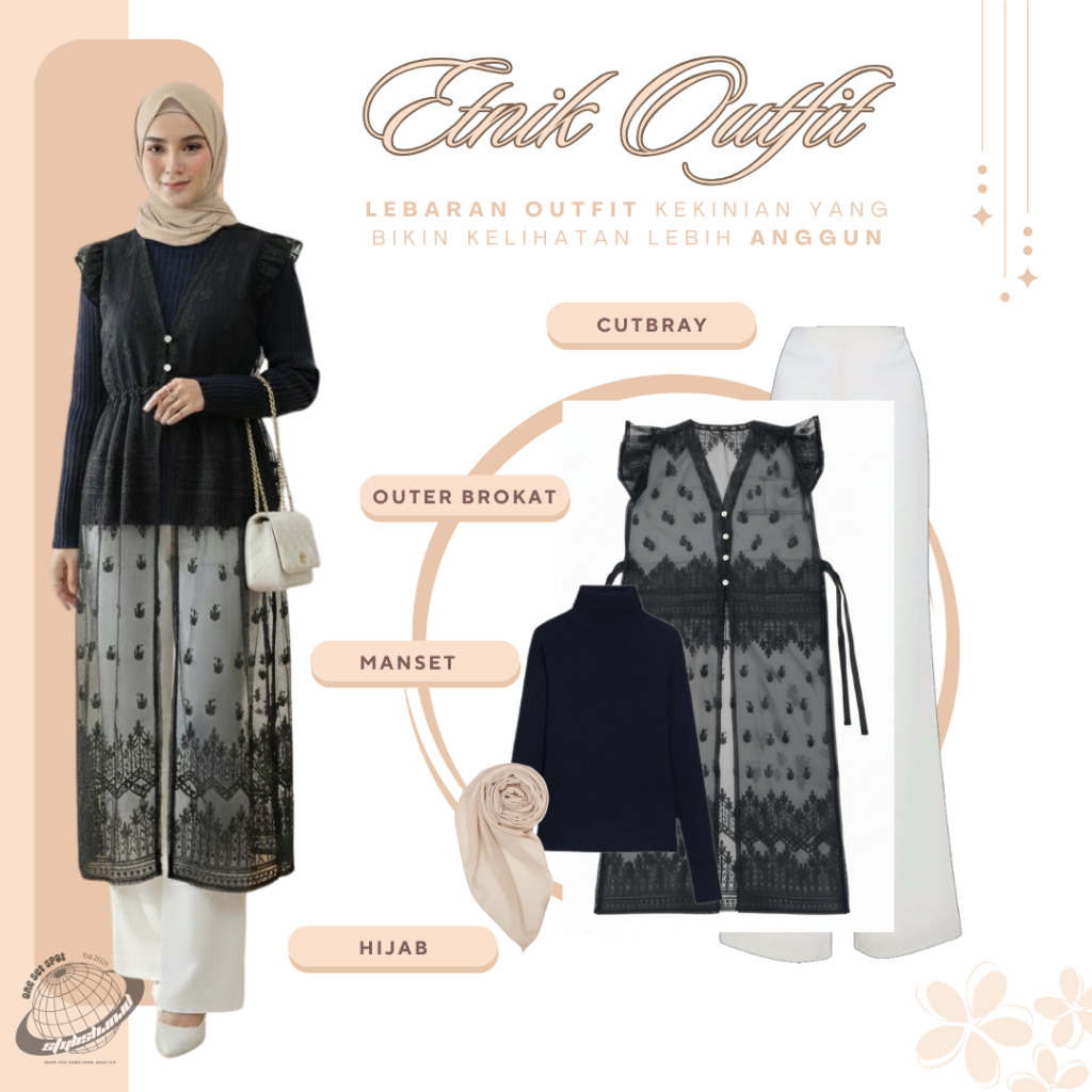 Outfit Lebaran Kondangan (Tunik Outer Brokat + Manset Hitam + Celana Cutbray + Hijab) OOTD LI167