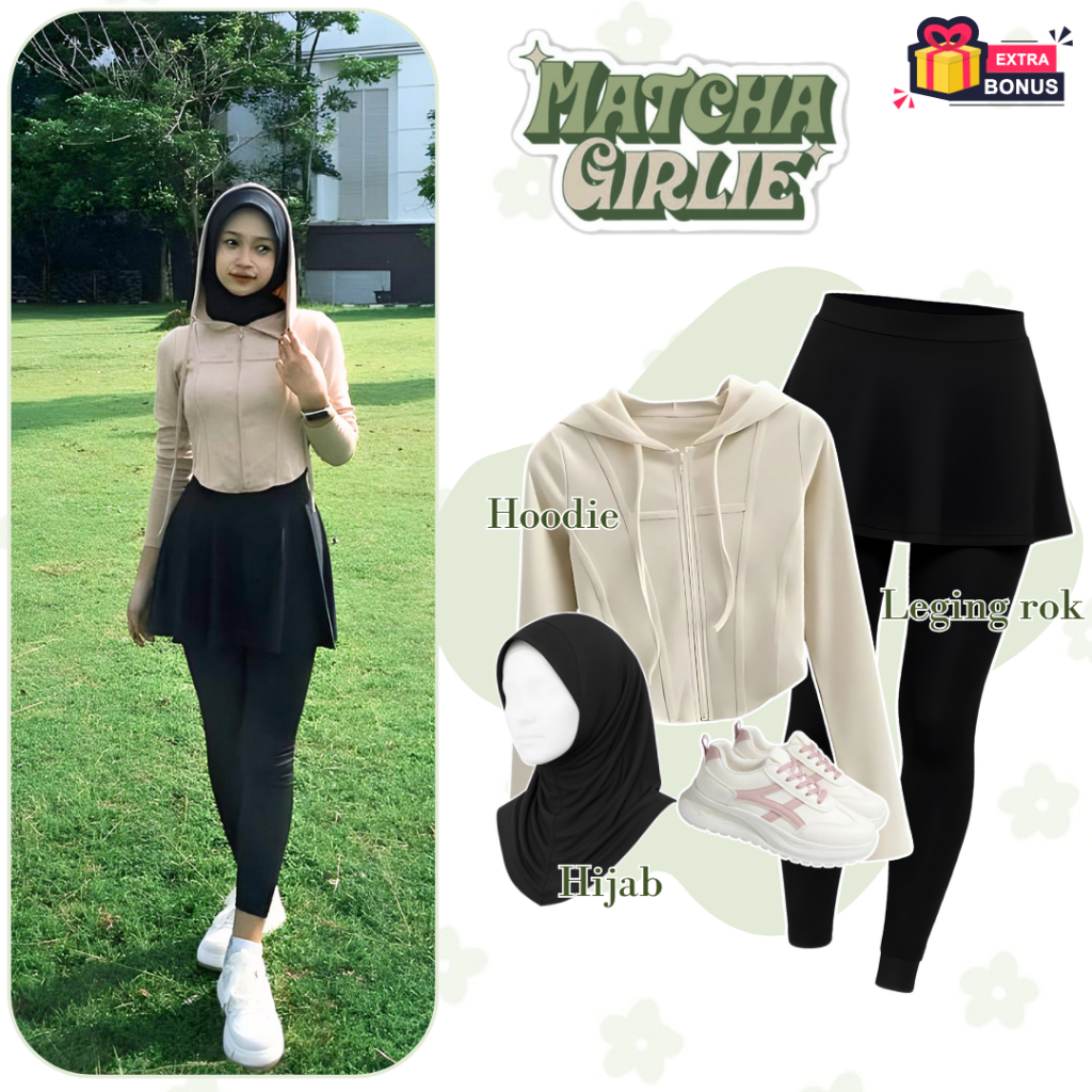 Oneset One set 3in1 setelan olahraga wanita jacket hoodie zipper celana legging rok hijab instan spo