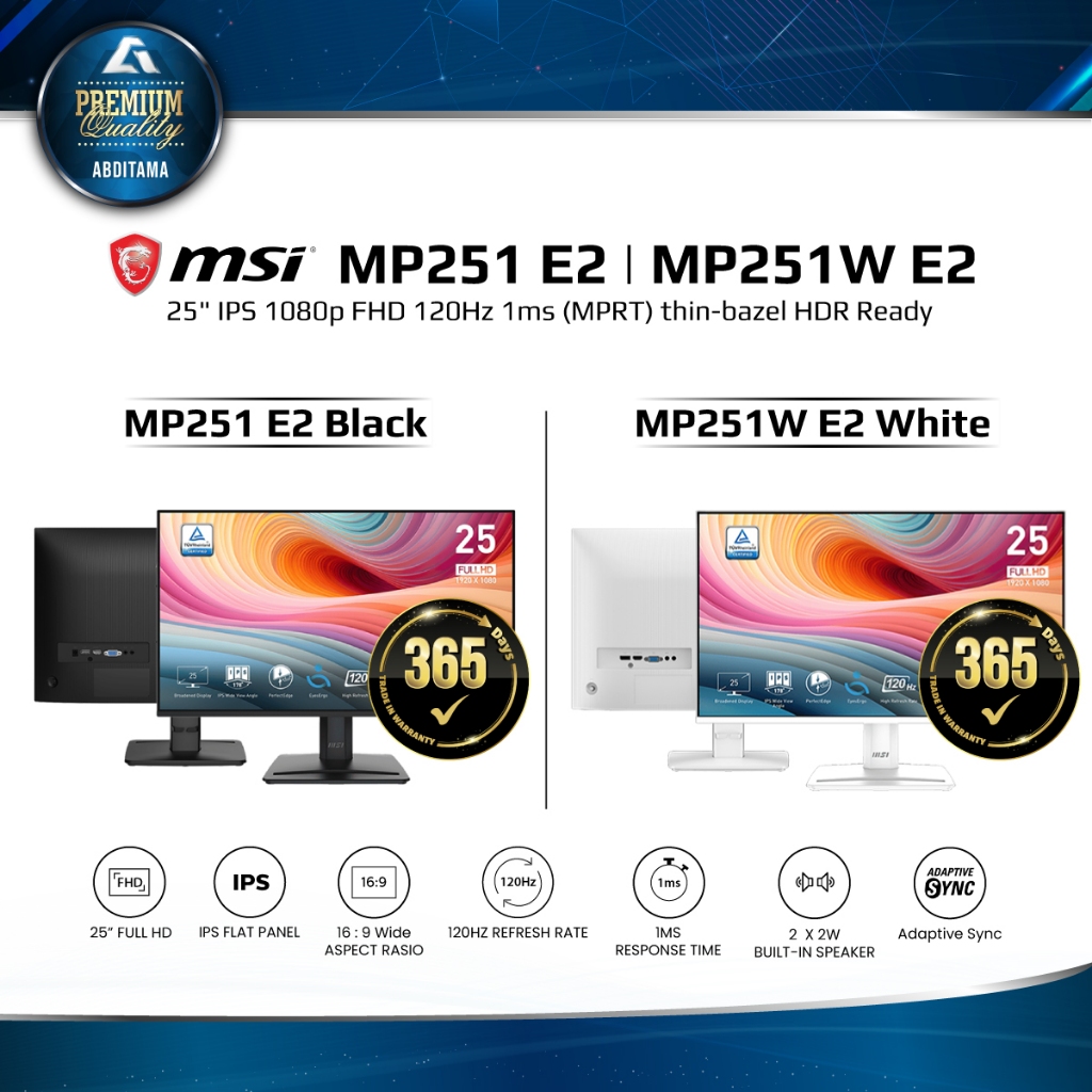 MSI MP251 E2 / MP251W E2 25 IPS FHD 120Hz 1ms HDMI 2.0x1 DP 1.4x1 Adaptive Sync