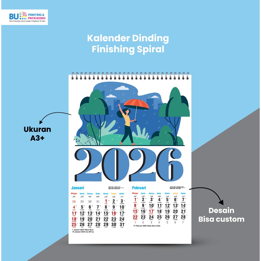 Kalender Dinding Custom Desain A3+ | Cetak Full Color Finishing Klem / Spiral | Kalender Promosi & S
