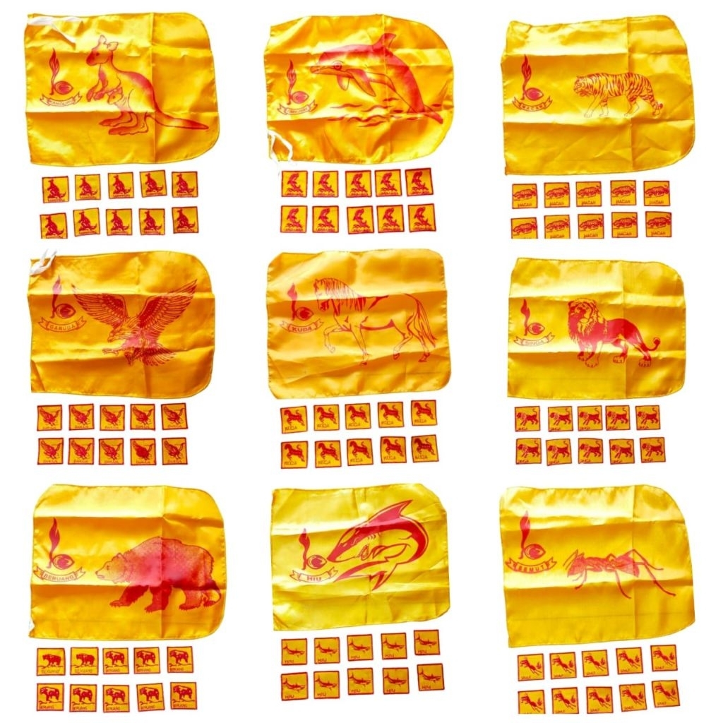 ( 1 Paket = 1 Bendera Regu + 10 Bet Regu ) REGU PRAMUKA KUNING Nama2 Nama Hewan untuk PUTRA