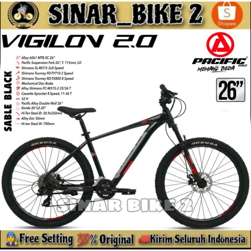 Sepeda Gunung MTB PACIFIC VIGILON 2.0 Alloy Ukuran 26 Inch 16 Speed Rem Cakram
