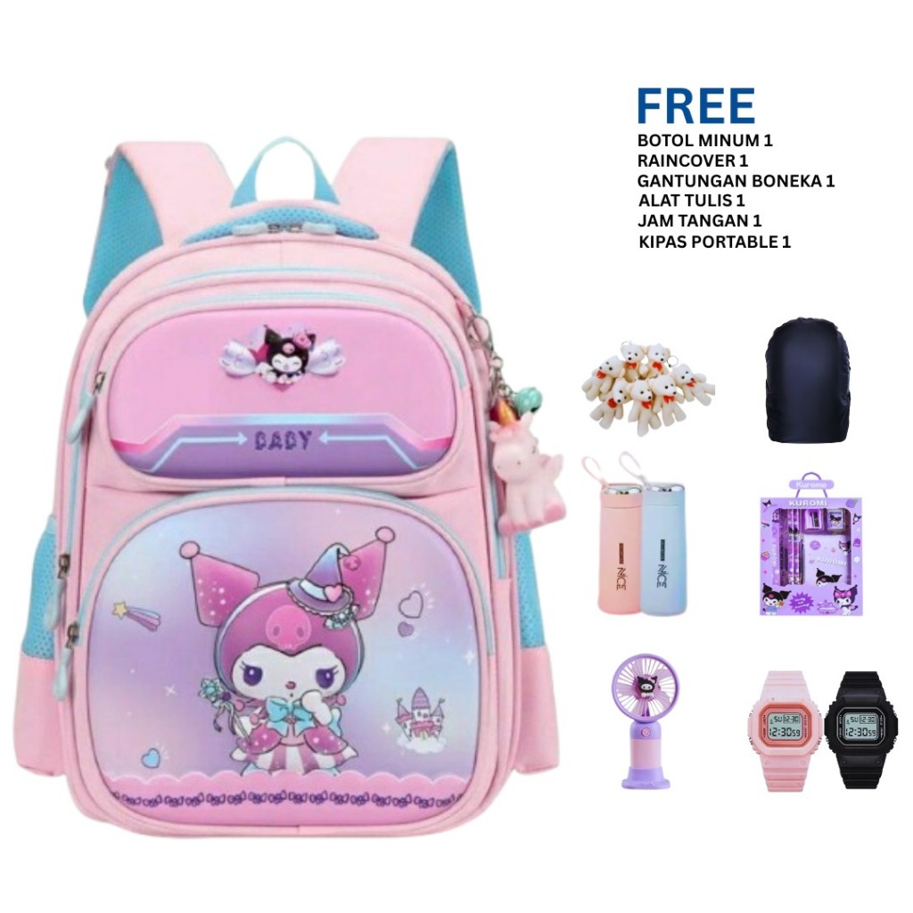 Tas Ransel Anak Sekolah Perempuan KARAKTER KUROMI BABY Warna PINK DAN UNGU Fashion Sekolah SD Terbar