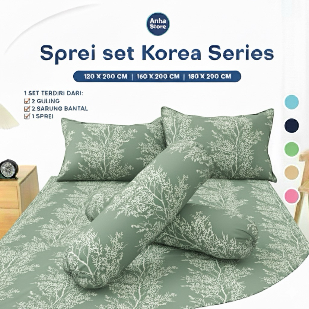 SPREI MOTIF JEJU HIJAU SAGE SET SARUNG BATAL - SARUNG GULING TERBARU BAHAN ADEM | UKURAN 120CM-200CM