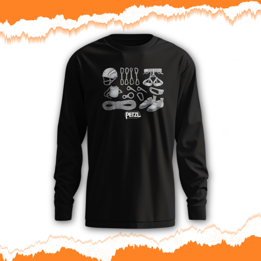 Kaos Baju Petzl Climbing Gear Unisex pria dan wanita Lengan Panjang Cotton Combed 15 Corvus