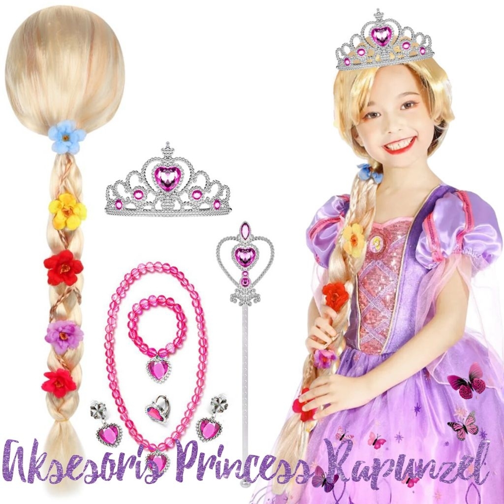 Aksesoris Cosplay Princess Rapunzel Set Komplit (Wig,Mahkota, Aksesoris)