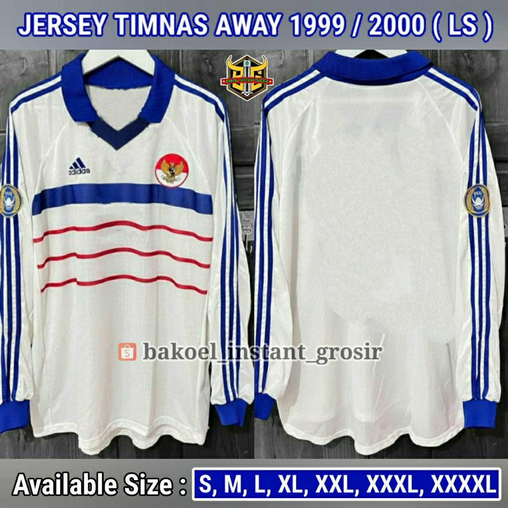 Jersey TIMNAS Indonesia AWAY Era 1999 / 2000 Putih LENGAN PANJANG Biru RETRO Full PRINTING atau BORD