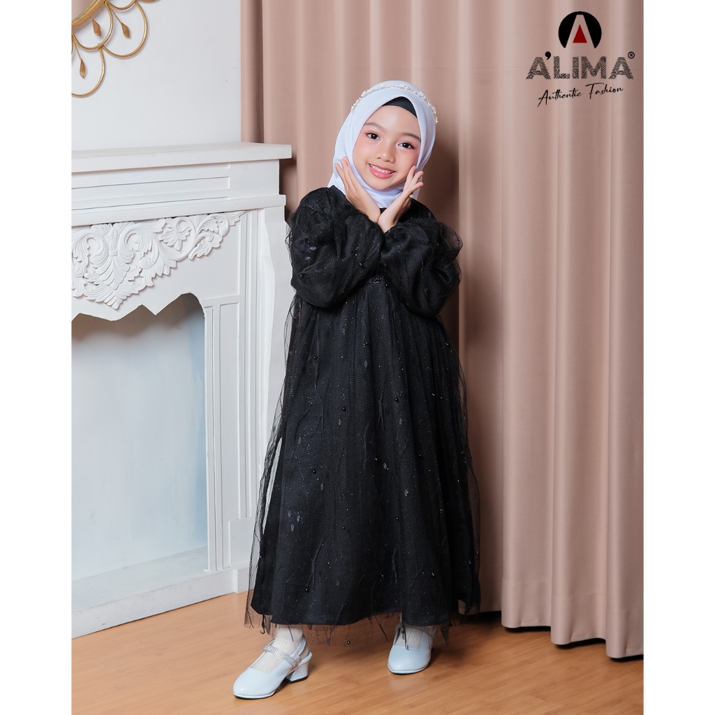 Baju Gamis Anak Perempuan Motif Brokat Usia 3-12 Tahun Bahan Shakilla Mix Tille Tanpa Hijab