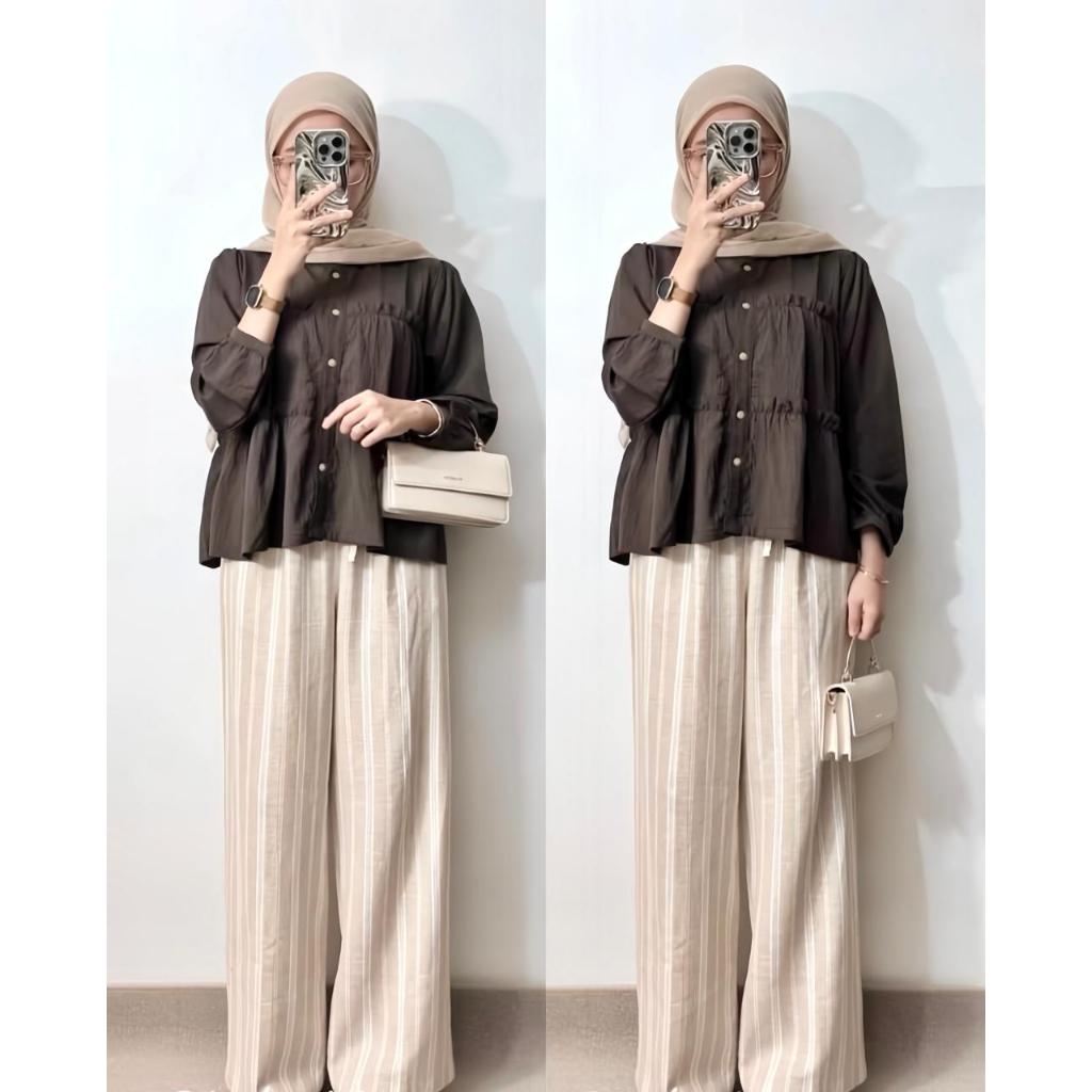 MIRA BLOUSE korean wanita - Blouse Korea Wanita Ruffel Linen - Blouse Atasan Kerut - Blouse Croptop 