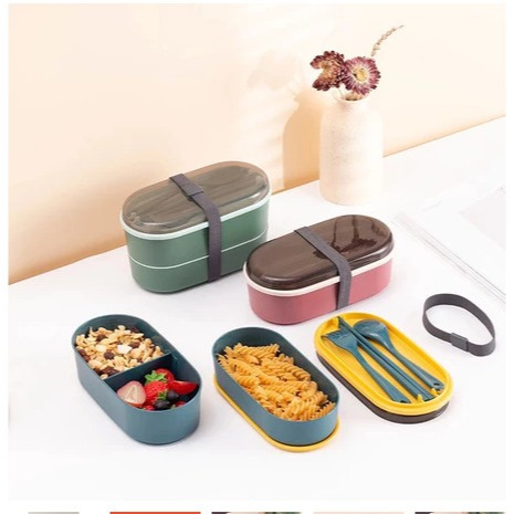 Kotak Makan 2 Lapis | Lunch Box | Tempat Bekal Ala Jepang Makan Siang Anak dan Dewasa Sudah Set Alat