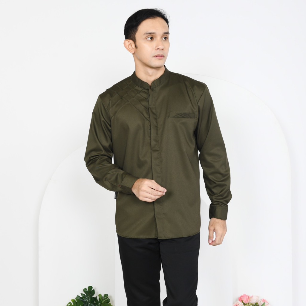Baju Koko Lengan Panjang Hijau Army Pria Dewasa Motif Marvel / Kemeja Koko Muslim Vercity