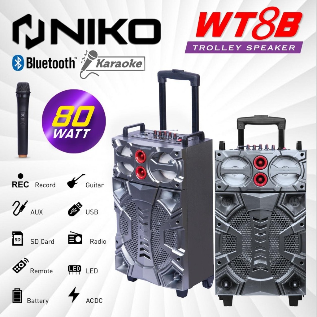 Niko WT8B Bluetooth 8" 80 Watt WT-8B Wooden Trolley Speaker Ac/Dc