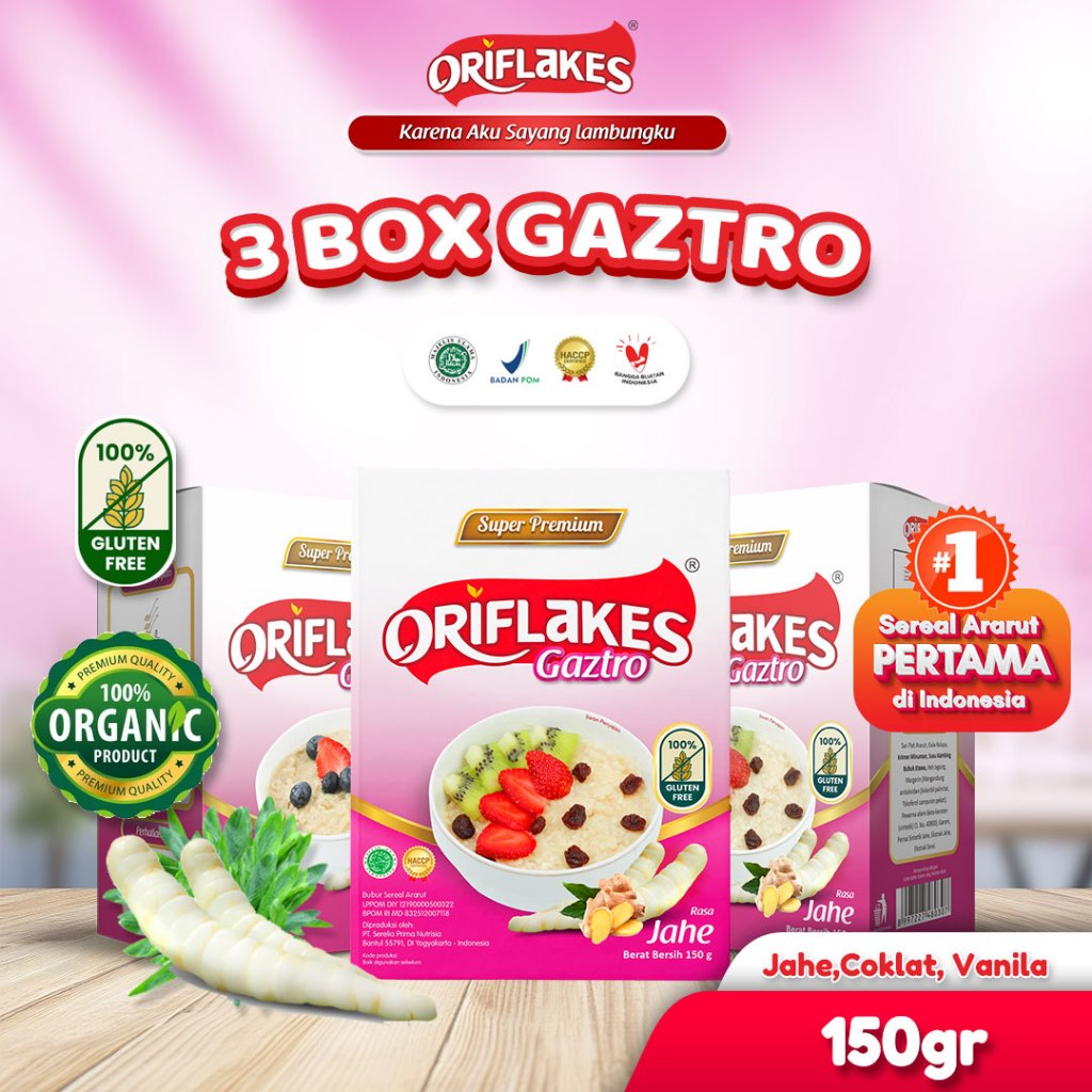 Oriflakes Sereal Umbi Garut - Paket 3 Box @150g Sachet - BPOM Halal - Bantu Atasi Asam Lambung GERD