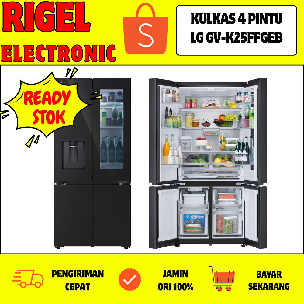 LG GV-K25FFGEB KULKAS 4 PINTU  SIDE BY SIDE 672 Liter Instaview Water Dispenser Icemaker