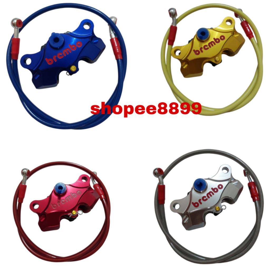 paket hemat 2 in1 kaliper kanan monoblok 2piston Brembo full CNC + selang Rem depan 95cm untuk motor