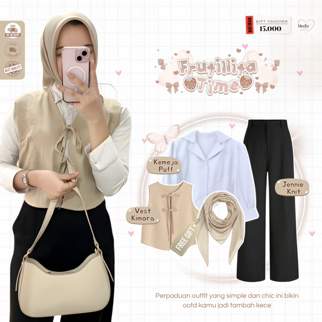 Luna One Set Vintage Brown Korean Style ( Bella Square + Vest + Kemeja + Celana ) Outfit OOTD Remaja