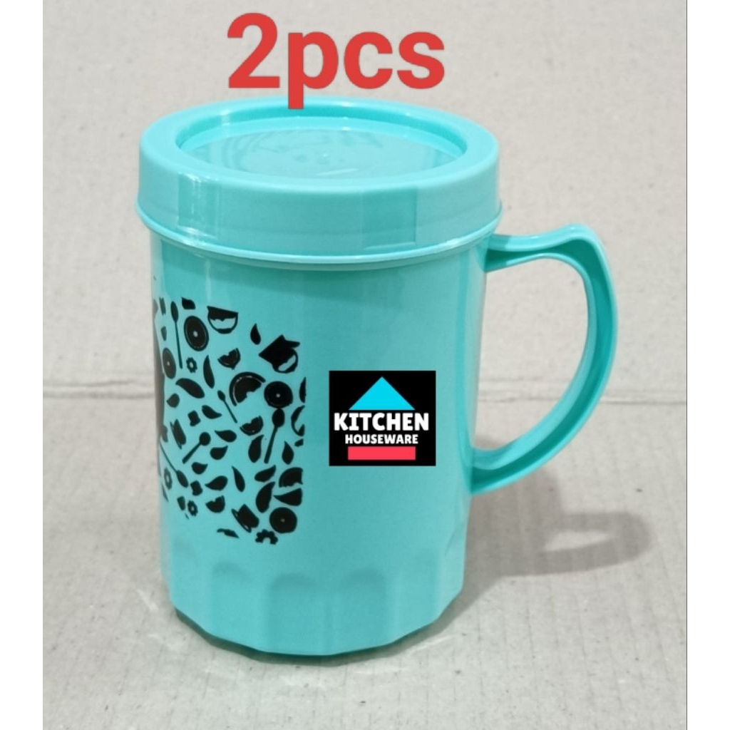 Mug Plastik 2pcs Pakai Tutup Drat Gelas Minum Gagang