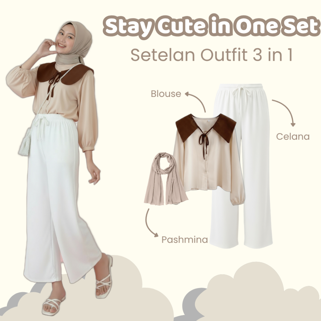 Setelan Remaja Perempuan ( Blouse Sailor Neck, Celana Kulot, Hijab Pashmina ) one set ootd hijab