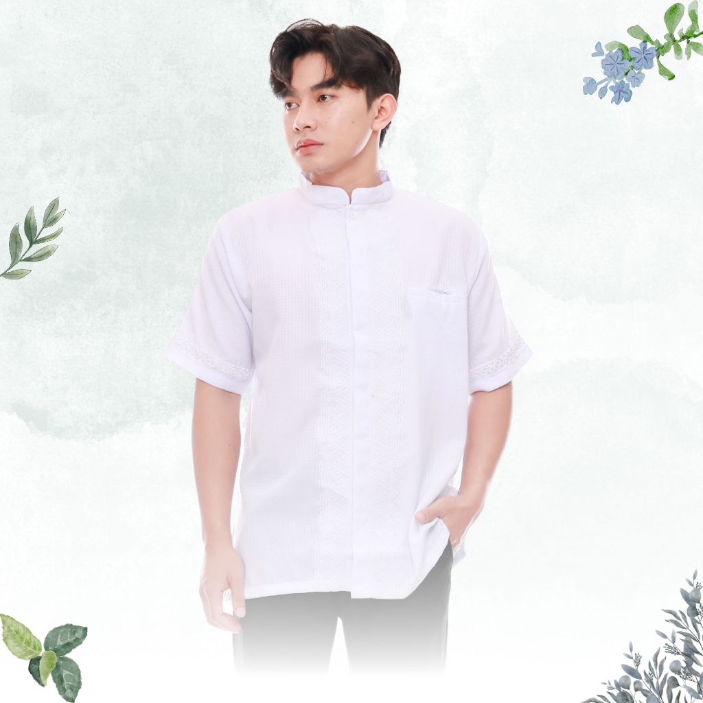 koko pria dewasa lengan pendek warna putih motif bordir premium