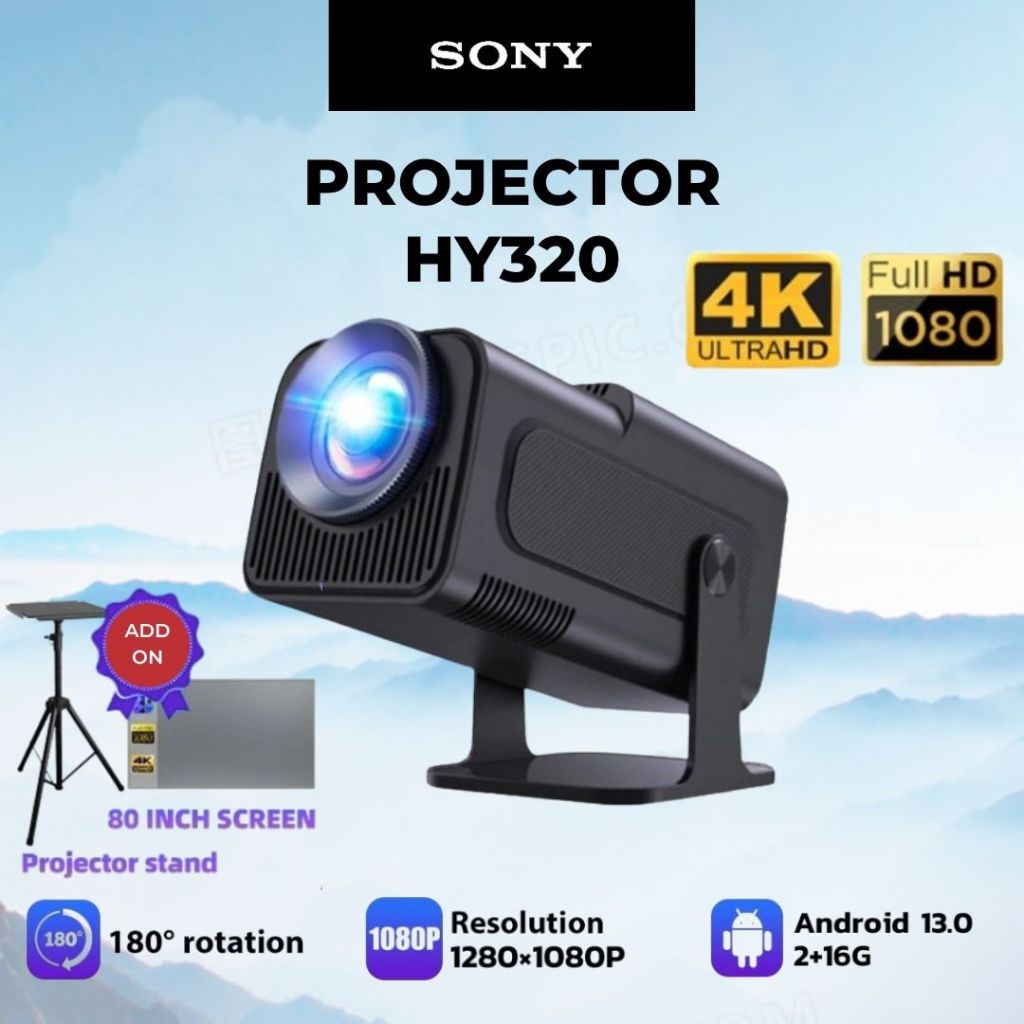 Proyektor HY320 4K UHD Android 13.0 1080P Proyektor Mini Portabel Penyesuaian Rotasi Otomatis 180°