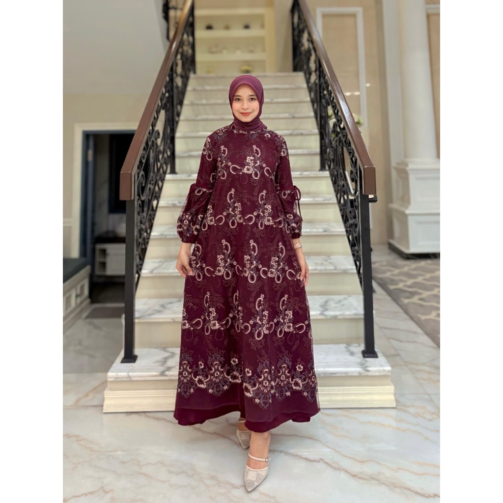 Gamis Malaysia bahan tille Bordir premium mix  full furing armanisilk Retliting belakang  tangan kar