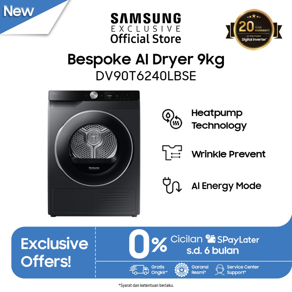Samsung Dryer Bespoke AI Top 9kg | Mesin Pengering Pakaian | Heatpump Technology | DV90T6240LB