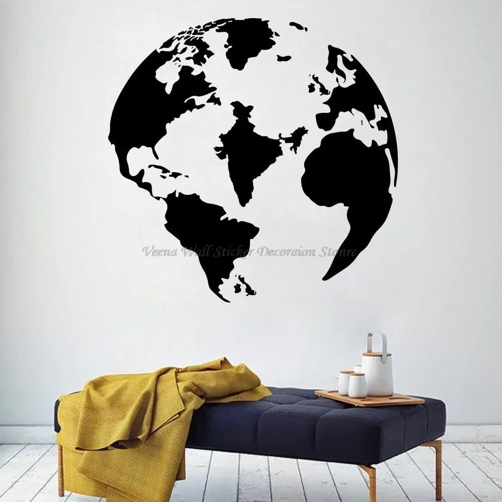 Stiker Dinding Peta Planet Benua Bumi Siluet Kantor Sekolah Ruang Kelas Ruang Tamu Kamar Tidur Dekor