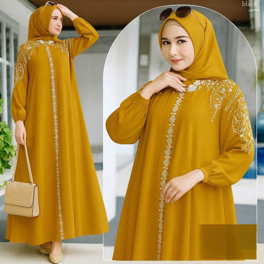 Abaya Bordir SET HIJAB Cerruty BabyDoll size Standard dan JUMBO Full Puring Hitam Putih Navy Denim S