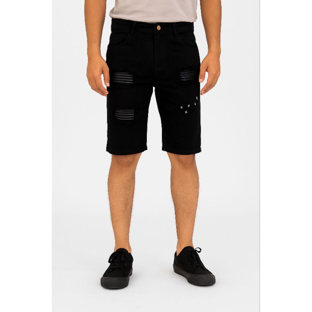 Celana Jeans Sobek Leather patch spike / Celana pendek style Starboy