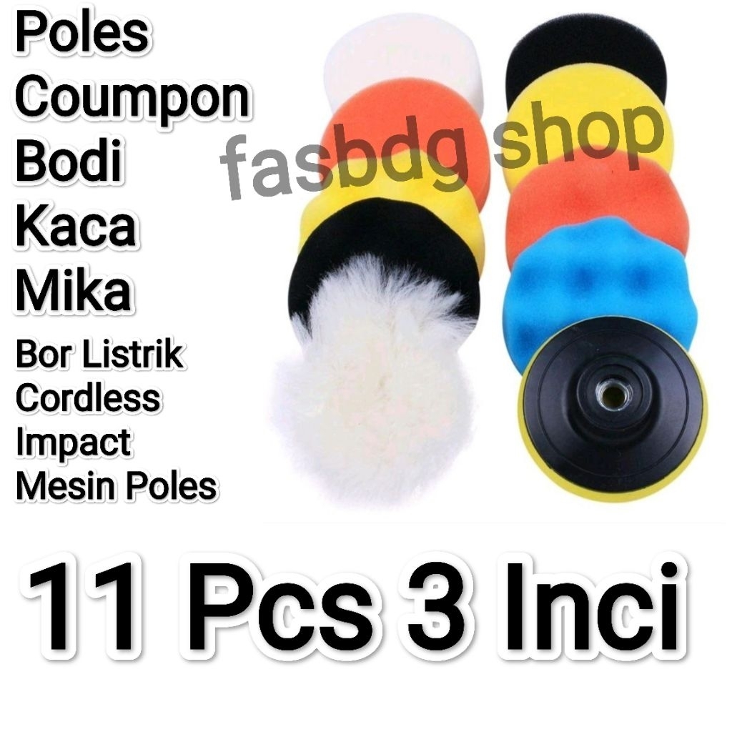 Set Busa Poles 11 Pcs 3 Inch Bodi Motor Mobil Kaca Mika Serbaguna Kumpon Detailing Bor Gerinda Cordl
