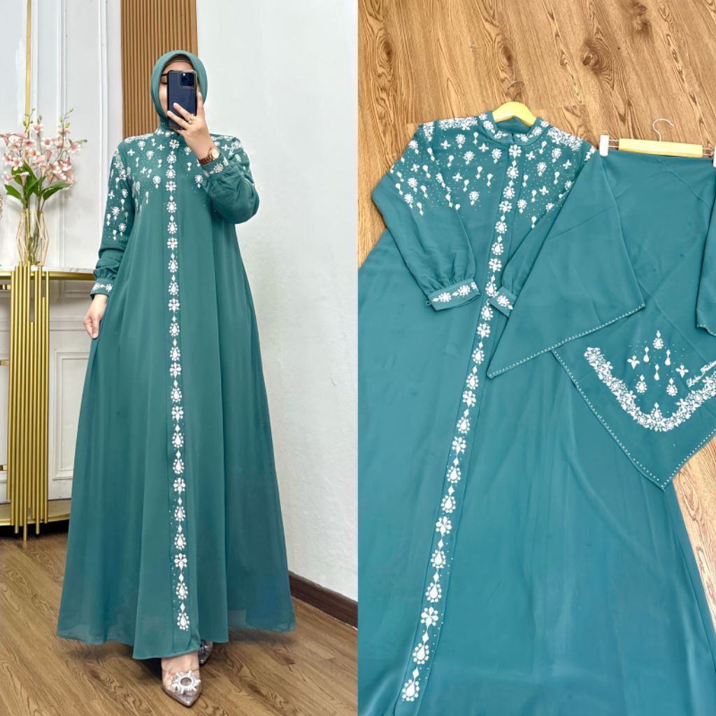 Model baju gamis laura set hijab//Gamis lebaran mewah elegan//ceruty babydoll premium